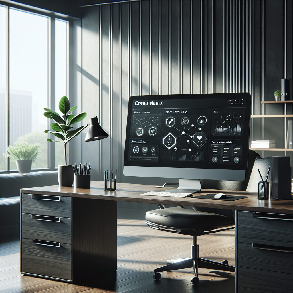 An office desk with a computer showing a compliance app interface, featuring graphs and charts.