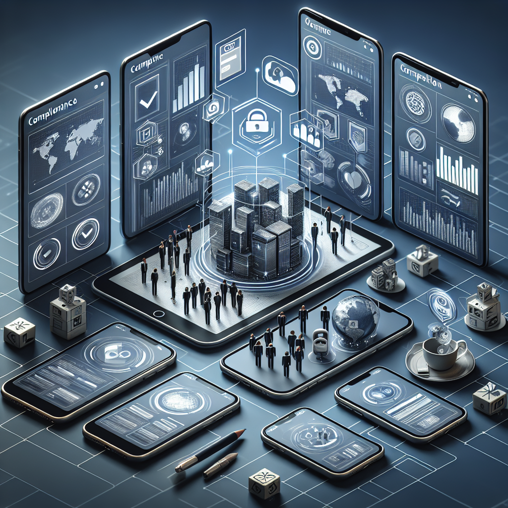 Illustration of digital interfaces symbolizing compliance apps in business, showcasing devices with graphs and data icons.