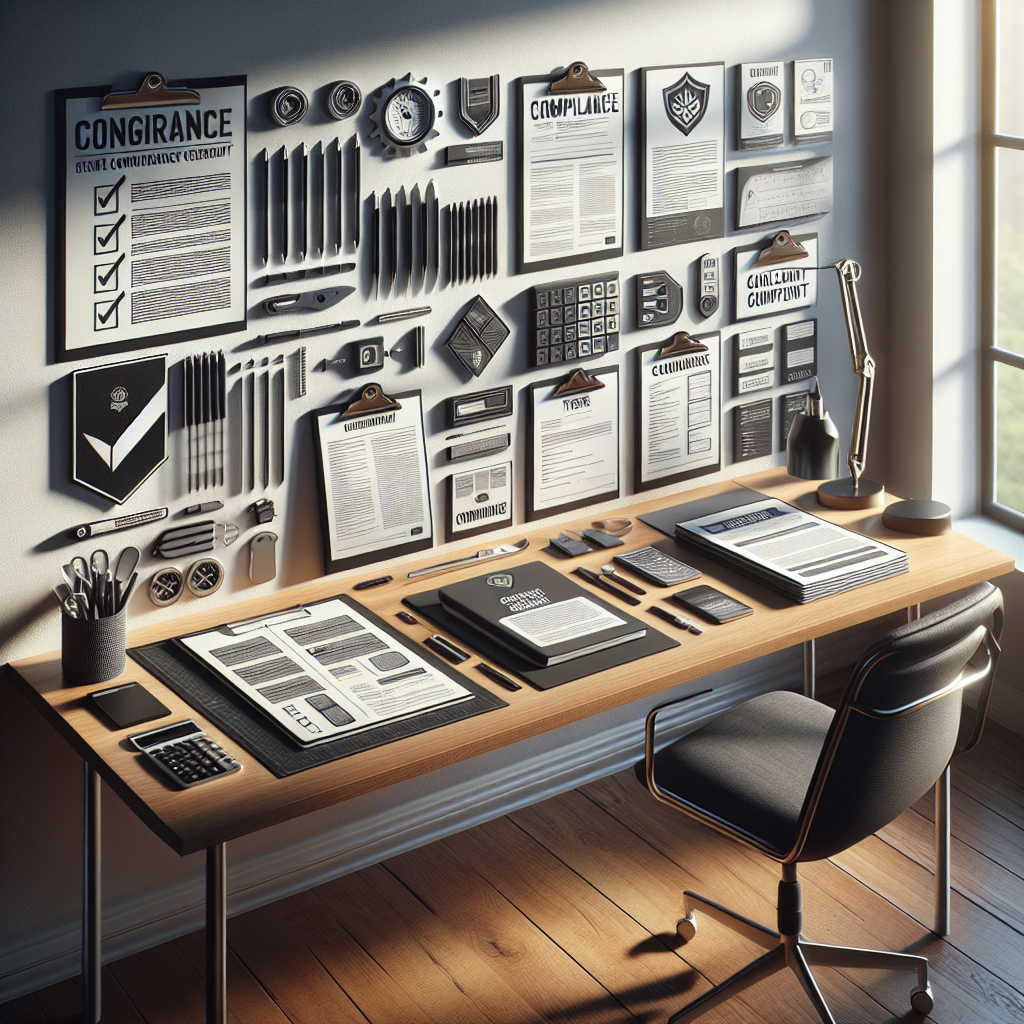 Modern office desk with compliance toolkit elements, documents, and tools.