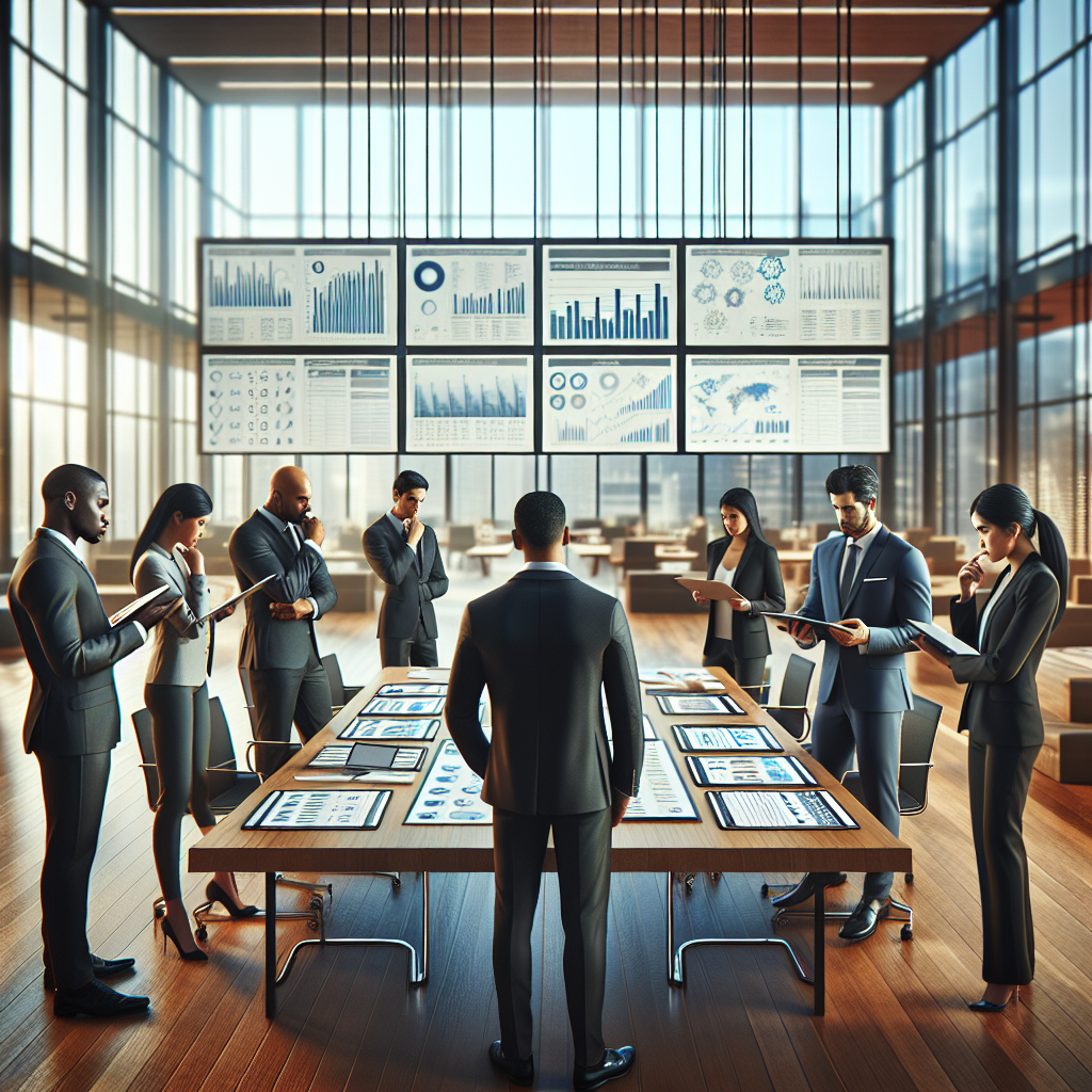 Business professionals reviewing compliance toolkits in a modern office.