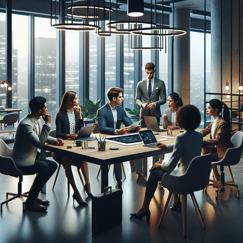 A realistic business meeting scene illustrating strategic compliance, featuring diverse professionals in a modern office setting.