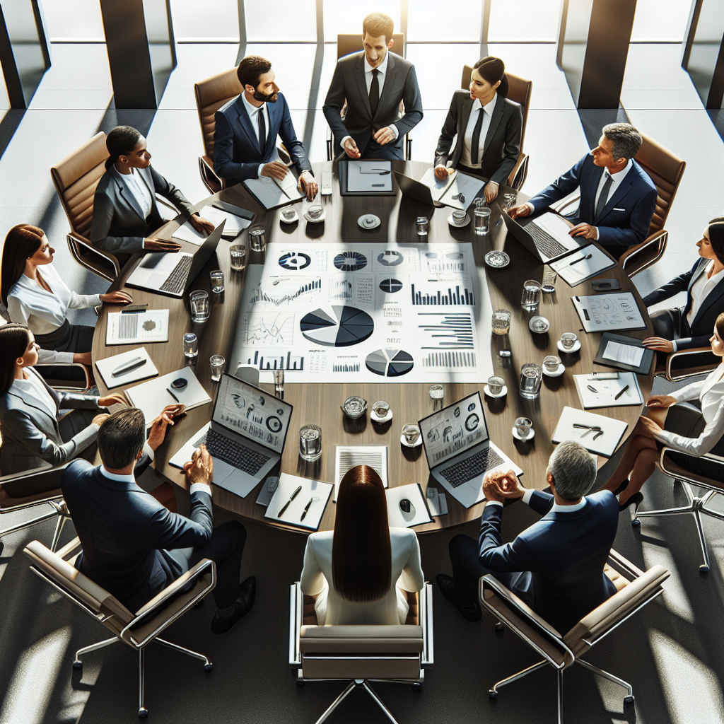 Business professionals in a conference room engaged in competitive analysis.