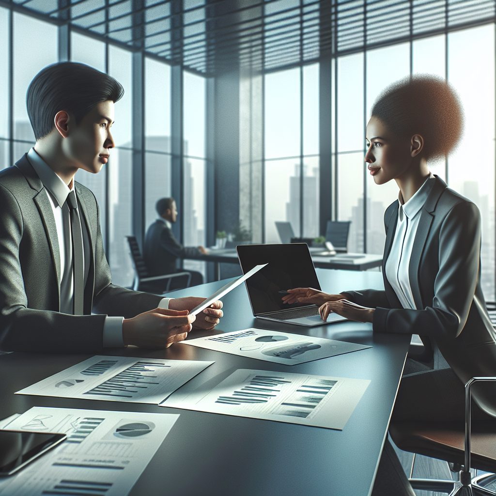 Two professionals discussing competitive analysis in a modern office setting.