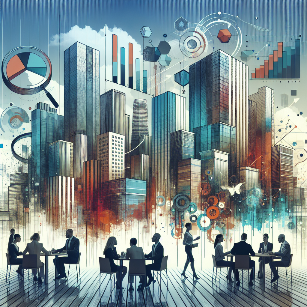 A cityscape symbolizing competitive analysis with skyscrapers, abstract business symbols, and diverse business people.