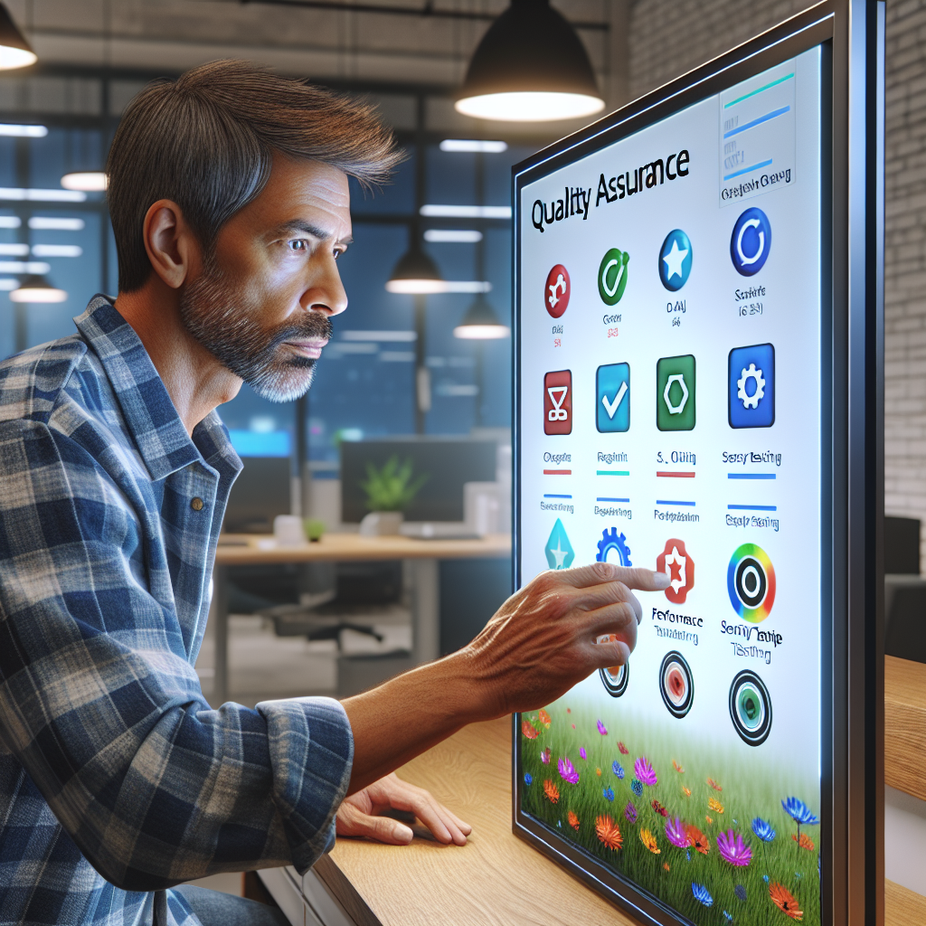 A developer using a quality assurance app on a digital display in a modern office.