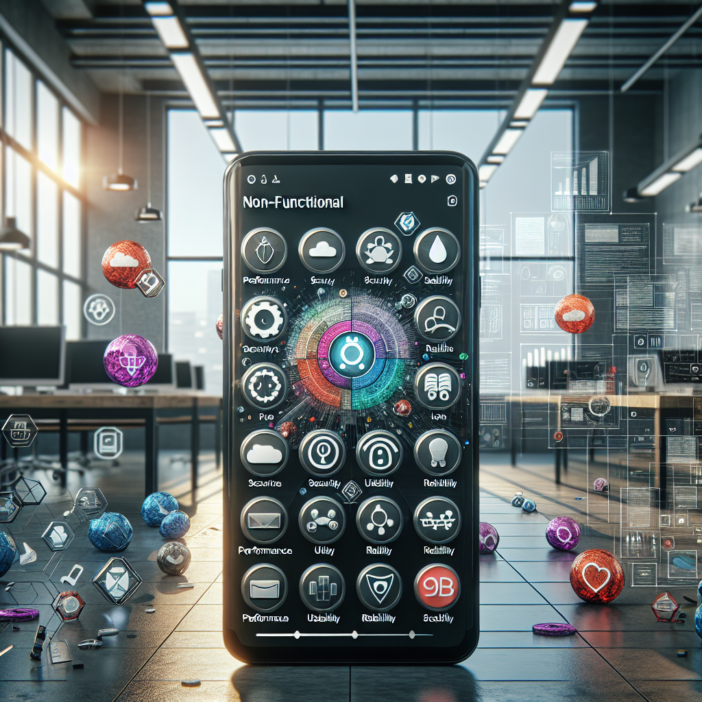 A realistic depiction of a smartphone showcasing non-functional requirements in mobile app development with icons for performance, security, usability, reliability, and scalability in a modern office setting.