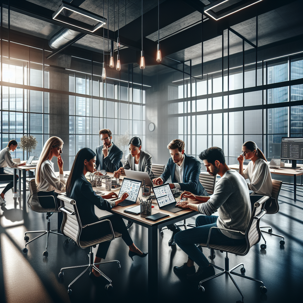 Diverse team working on mobile app marketing strategy in a modern office setting.