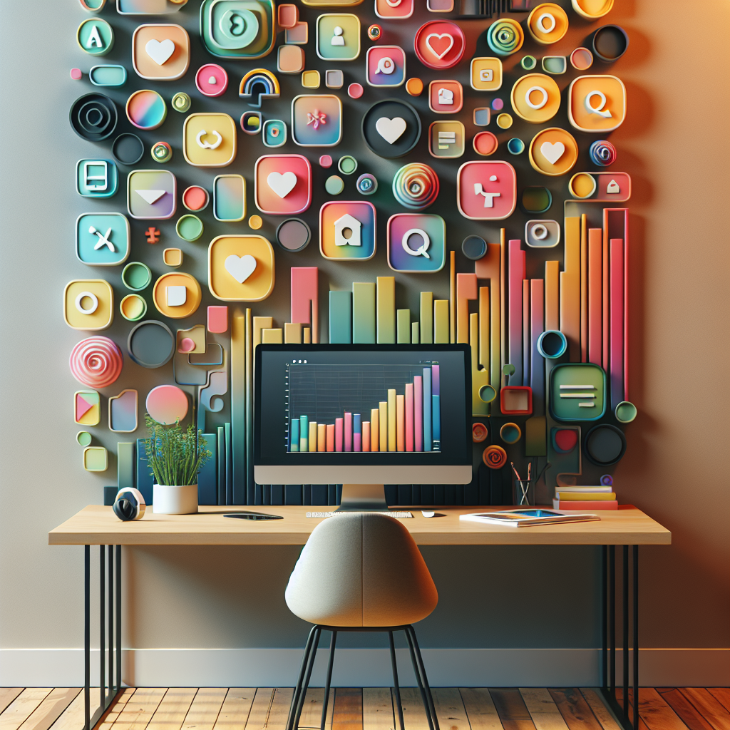 Modern workspace with abstract app icons, minimalistic desk, and ambient lighting.