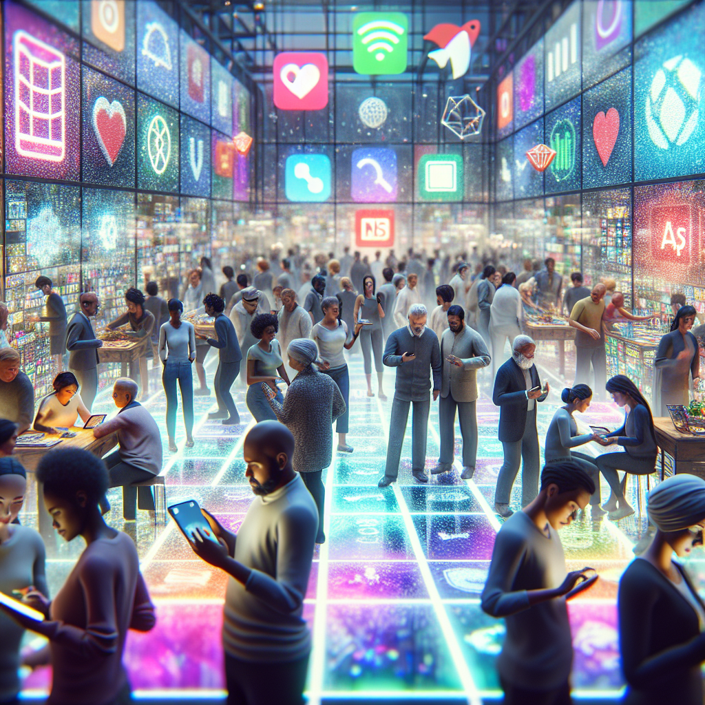 A vibrant depiction of a bustling app marketplace with diverse people interacting with digital screens showcasing app icons.