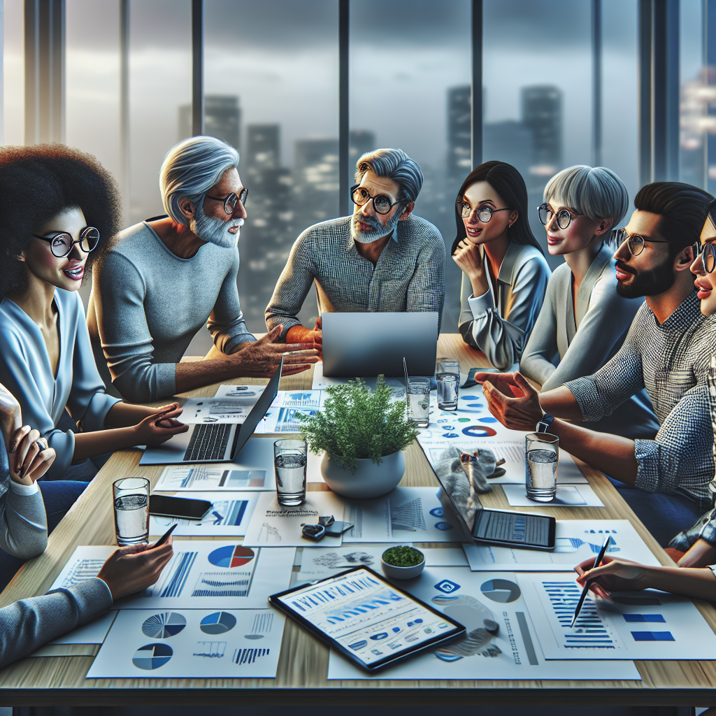 A group discussing app store analytics at a modern office table.