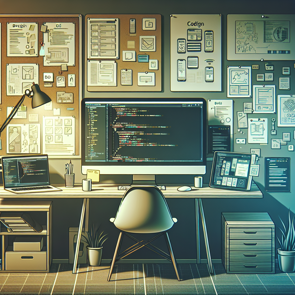 A digital illustration of an organized app development workspace with computer monitors displaying coding and design software.