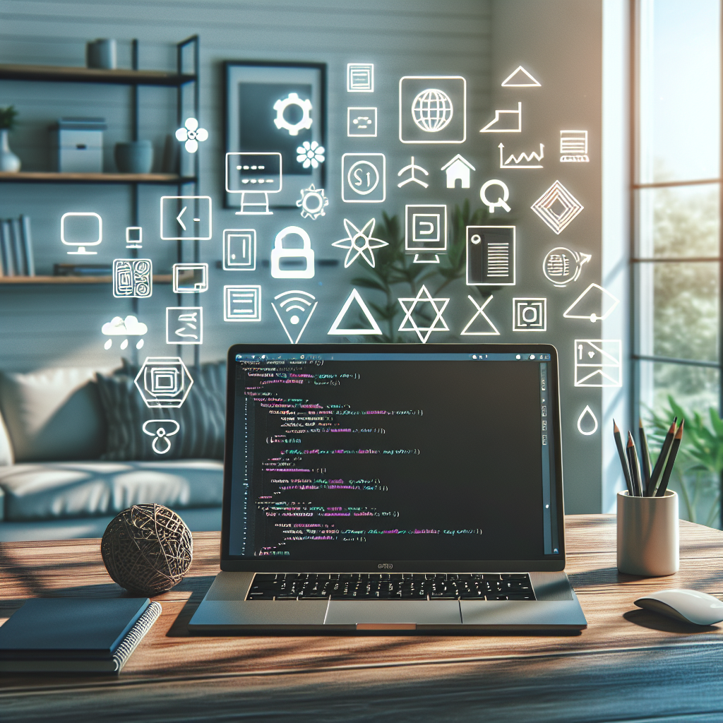 A realistic depiction of an app developer's workspace with a laptop, coding symbols, and elements representing programming languages and frameworks.