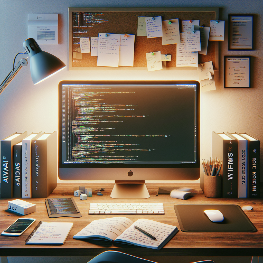 A realistic workspace environment with coding tools and books for app development.