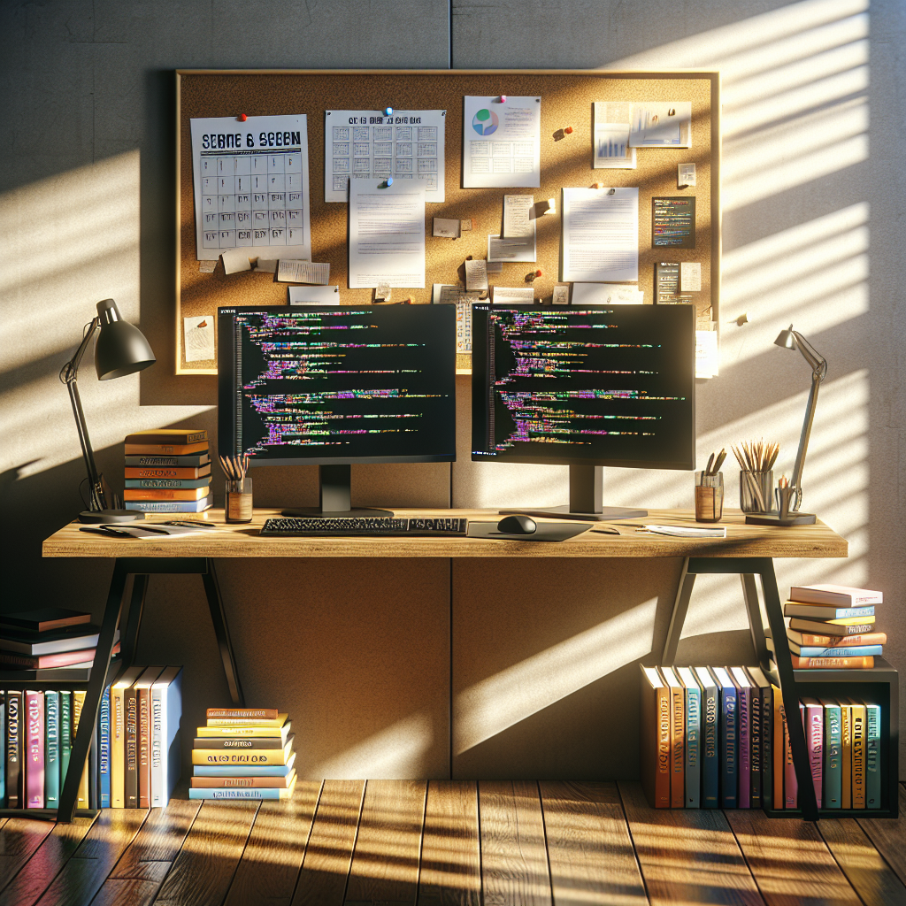 A realistic digital workspace with computer monitors displaying code and programming books on a desk.