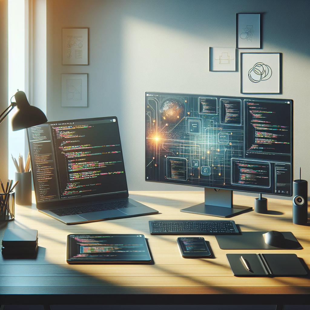 A modern app development workspace with a realistic desk setup, monitors showing abstract code, and natural lighting.