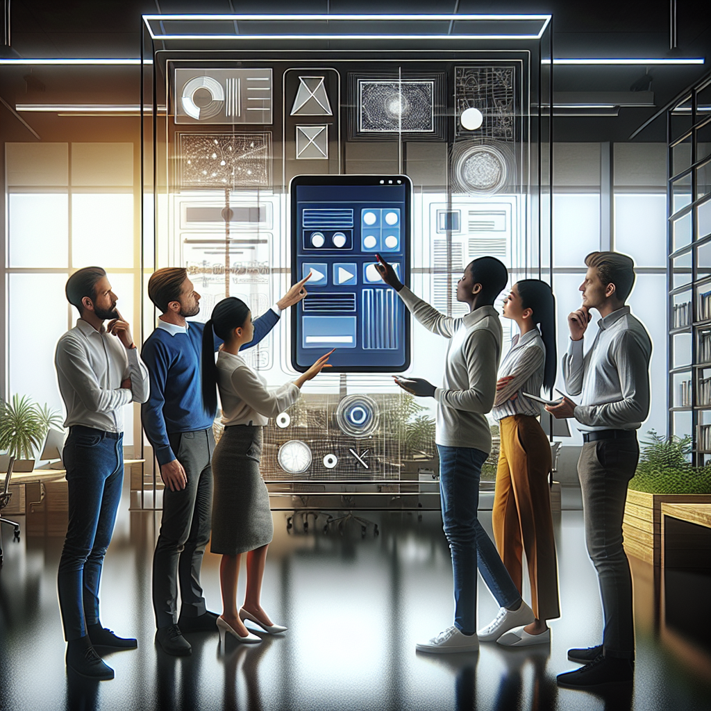 A diverse group analyzing a mobile app interface on a large digital tablet in a modern office setting.