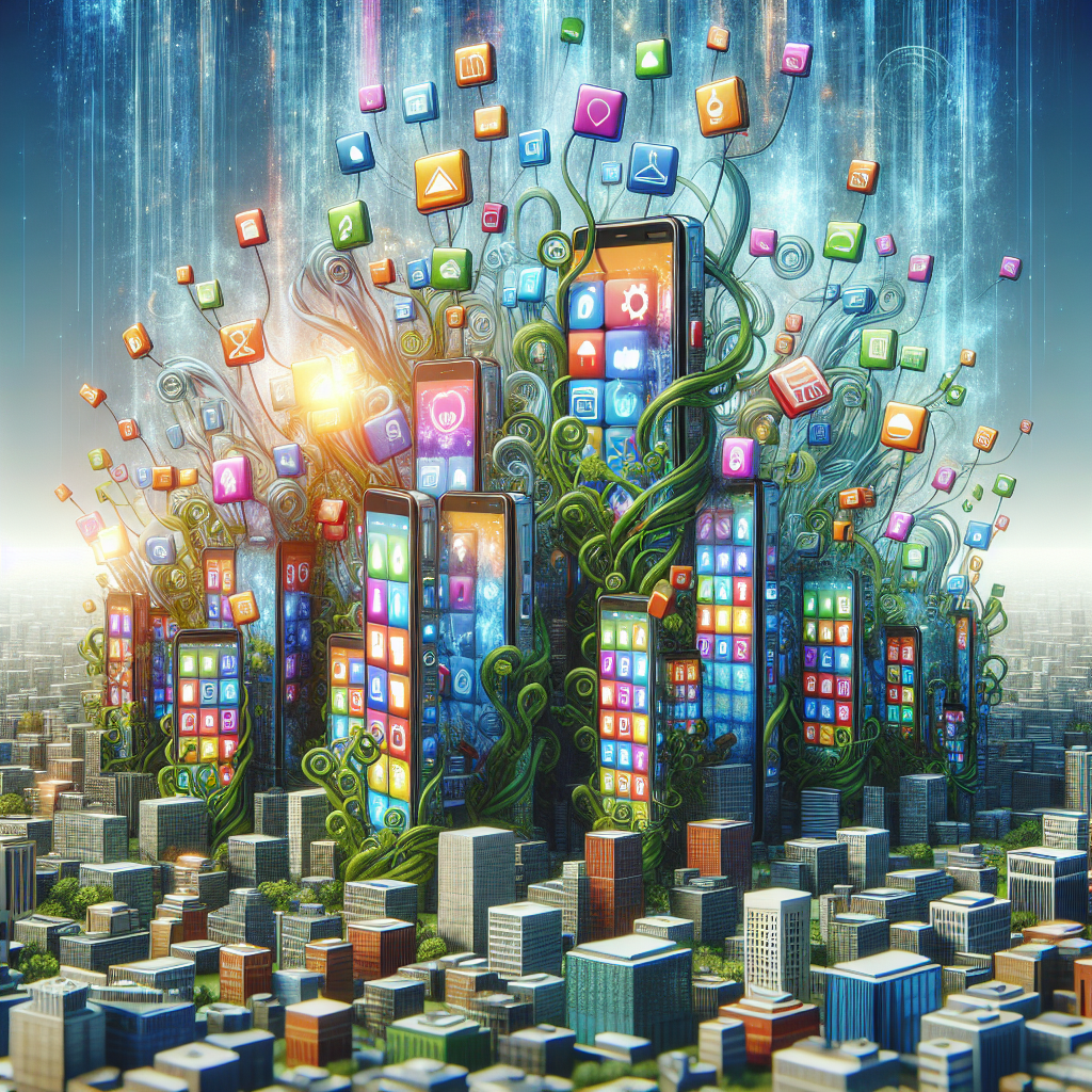 Conceptual illustration of the digital app marketplace with smartphones and app icons, symbolizing organic growth.