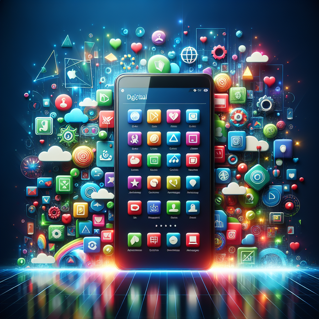 A smartphone display with colorful app store interface and digital growth elements.