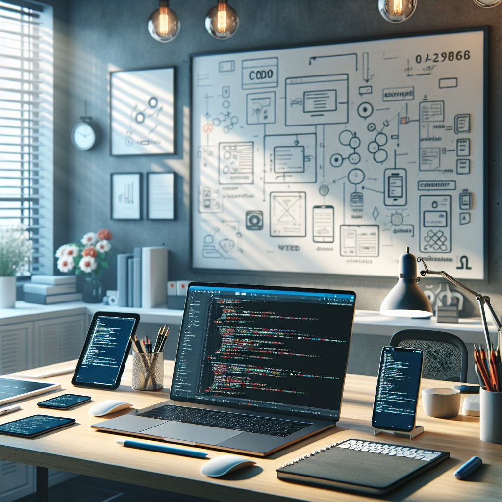 Modern app development workspace with gadgets and a laptop displaying code.