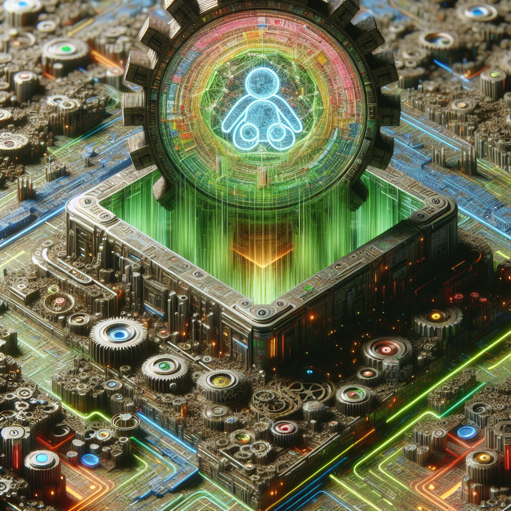 Conceptual digital landscape of the Play Store Algorithm with a network of gears and an Android icon.