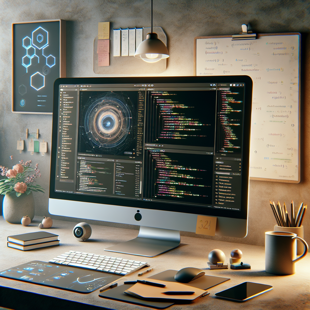 A realistic depiction of a digital workspace with coding tools and monitors.