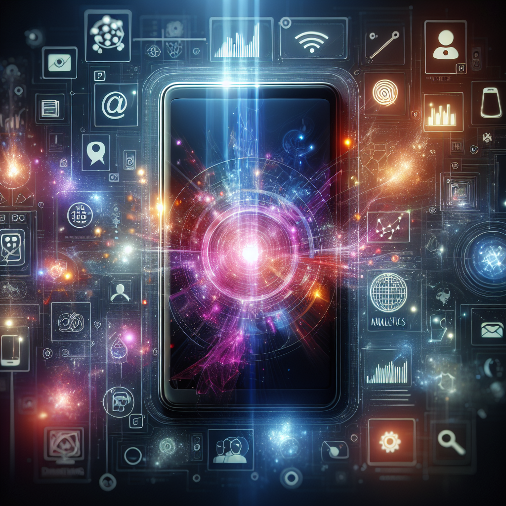 A smartphone surrounded by digital elements representing app marketing strategies.