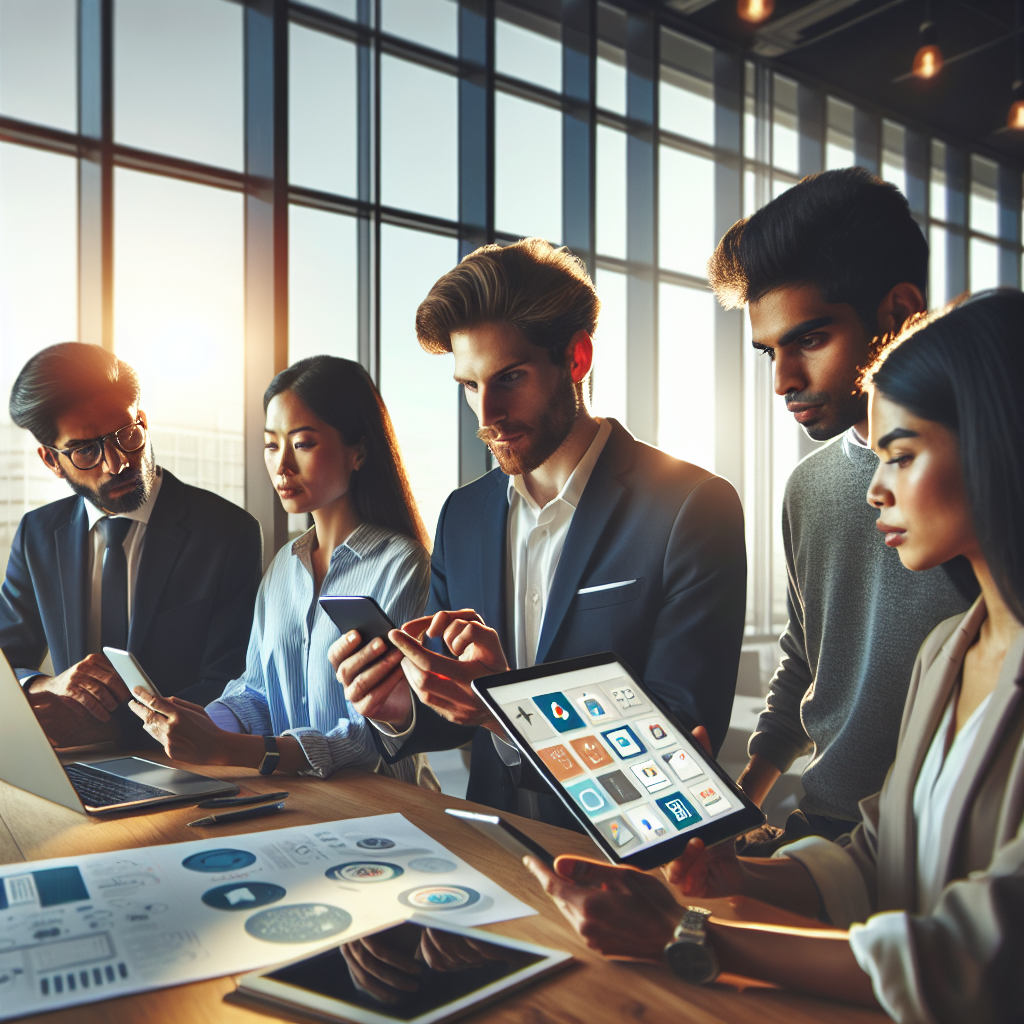 A group of professionals collaborating on app marketing strategies in a modern office setting.