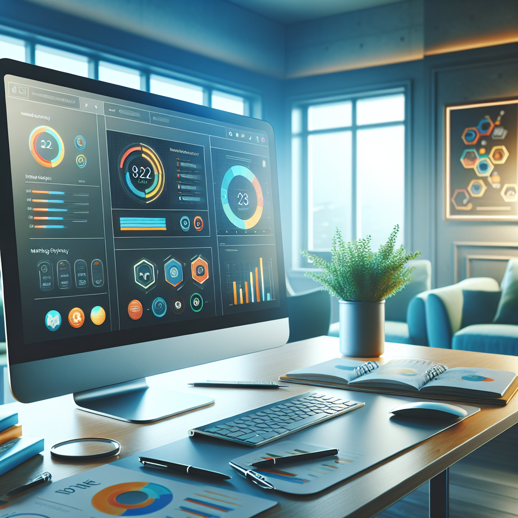 Digital marketing workspace with computer and strategy charts.