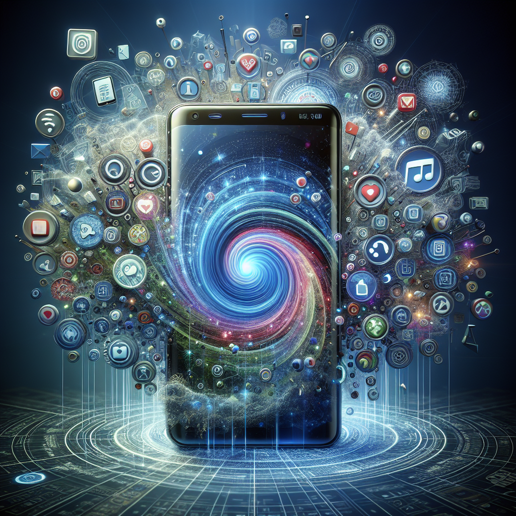 Illustration of mobile phone surrounded by digital app icons, symbolizing mobile app marketing.