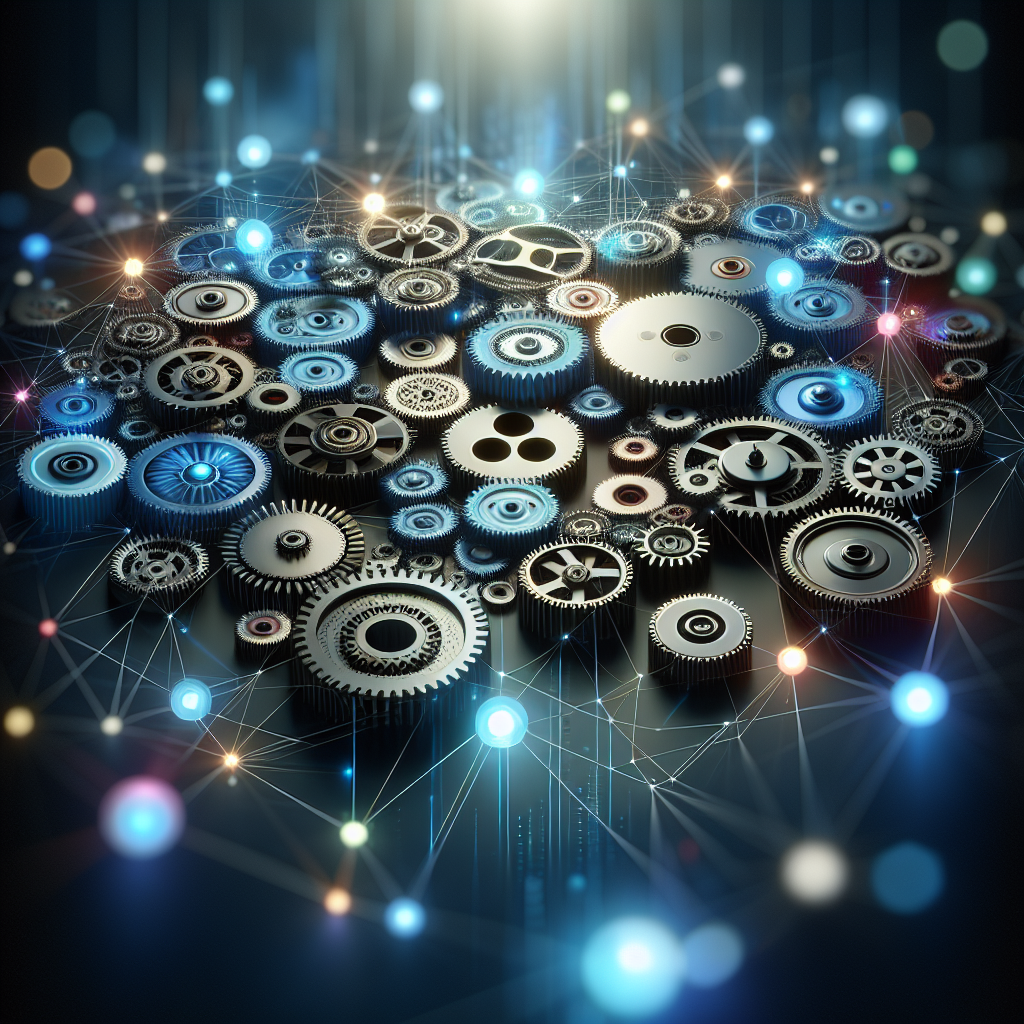 An abstract visualization of interconnected gears symbolizing app development technologies.