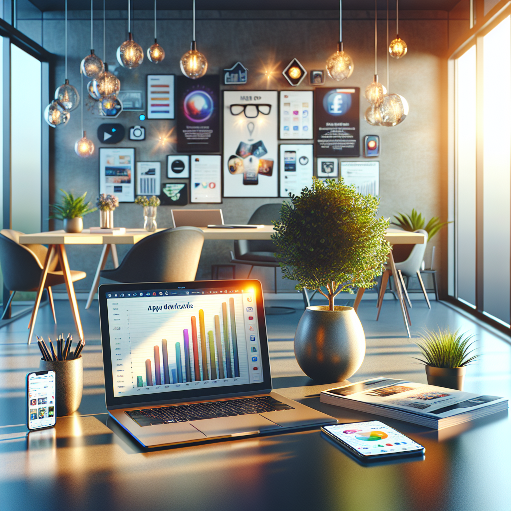 A modern workspace showing mobile app marketing strategies with a laptop, marketing materials, and smartphone screens.