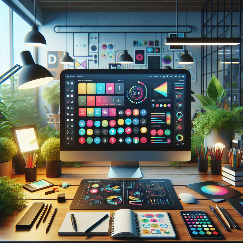 A mobile app design workspace with a computer screen displaying a colorful user interface and design tools.