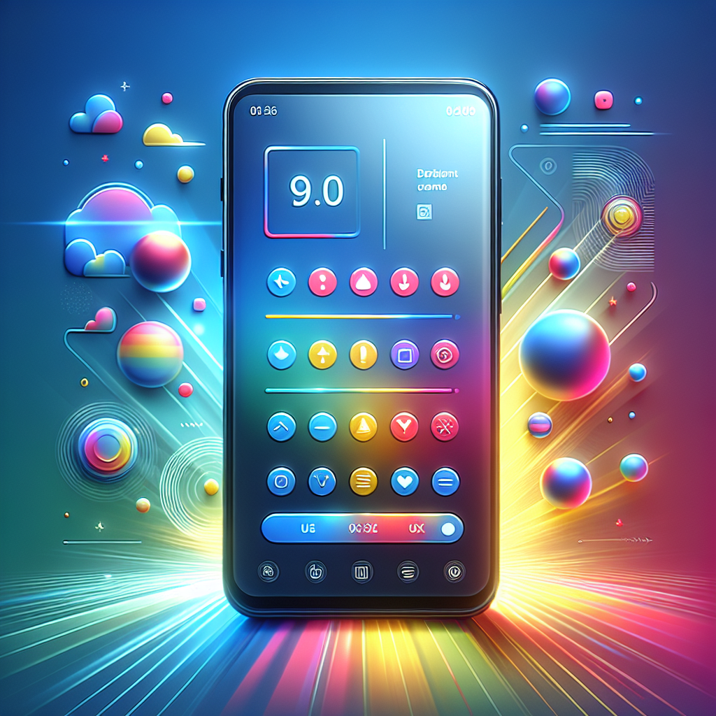 An illustration of a vibrant mobile app design interface on a smartphone.