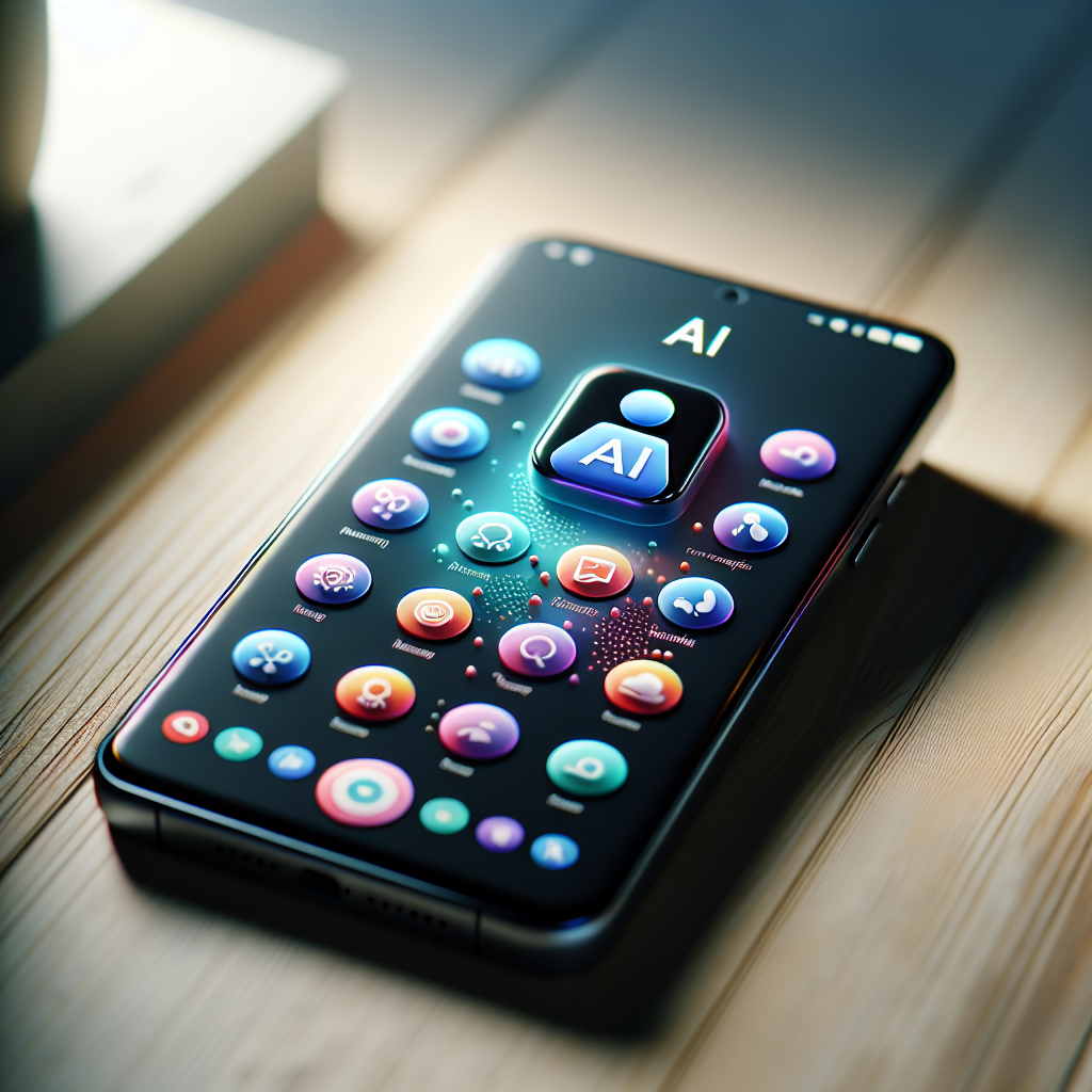 A smartphone displaying various AI app icons on a wooden table.