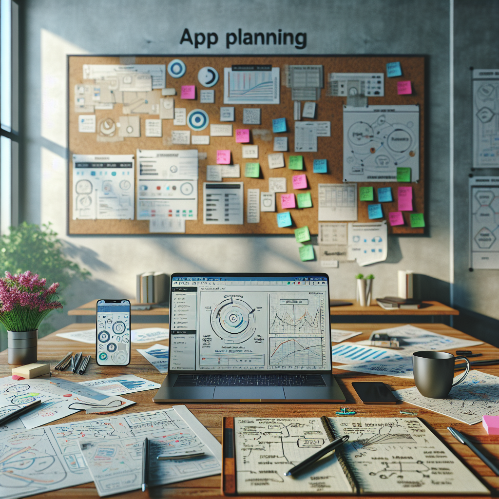 A modern workspace with a laptop, notepad, smartphone, and whiteboard for app planning.