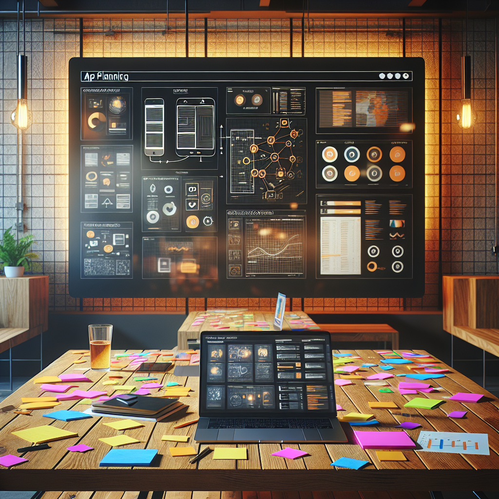 A digital workspace illustrating the concept of app planning with wireframes and flowcharts.