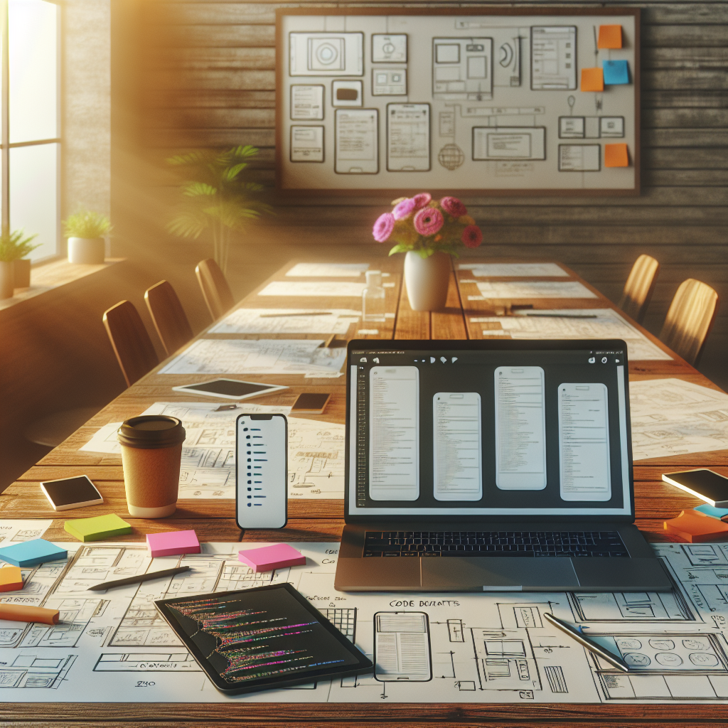 An organized workspace with blueprints, a laptop, and a smartphone, depicting mobile app planning.