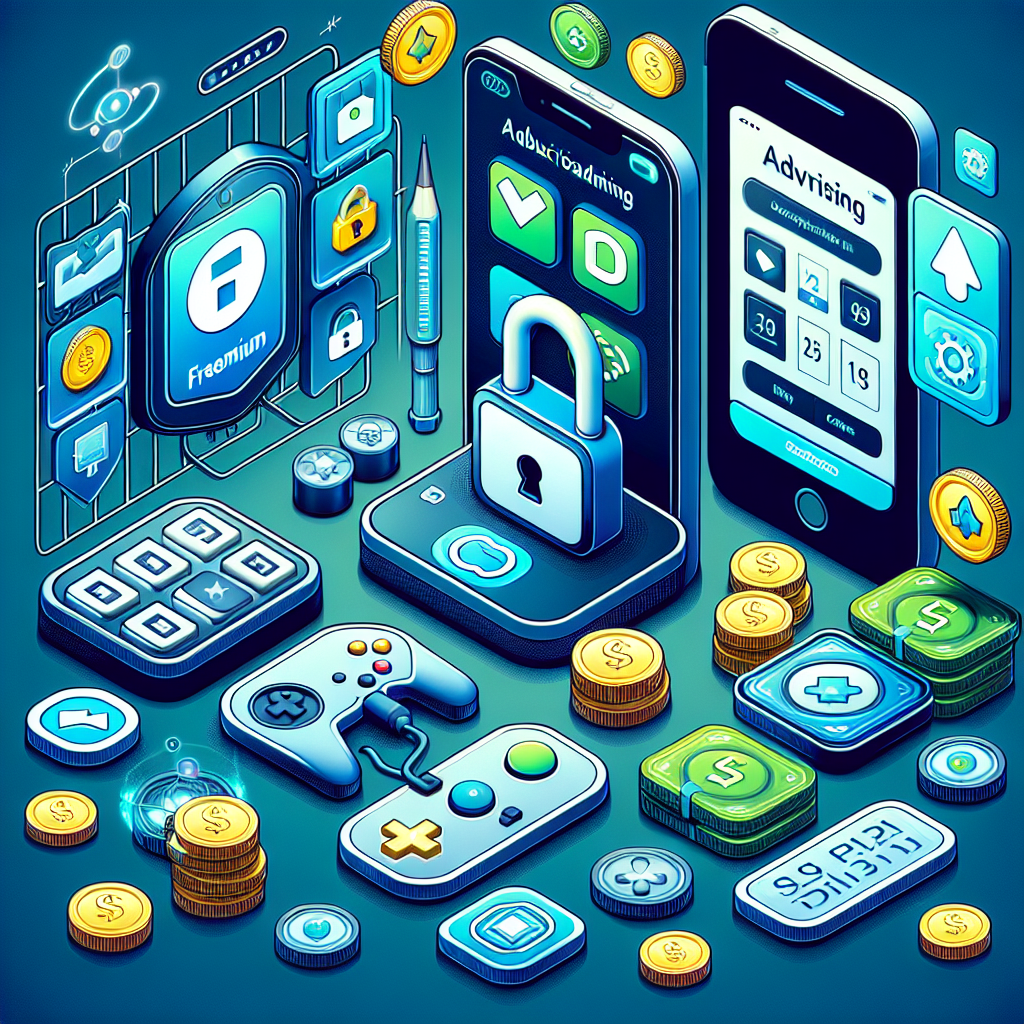 An illustration of various mobile app business models represented through visual elements.