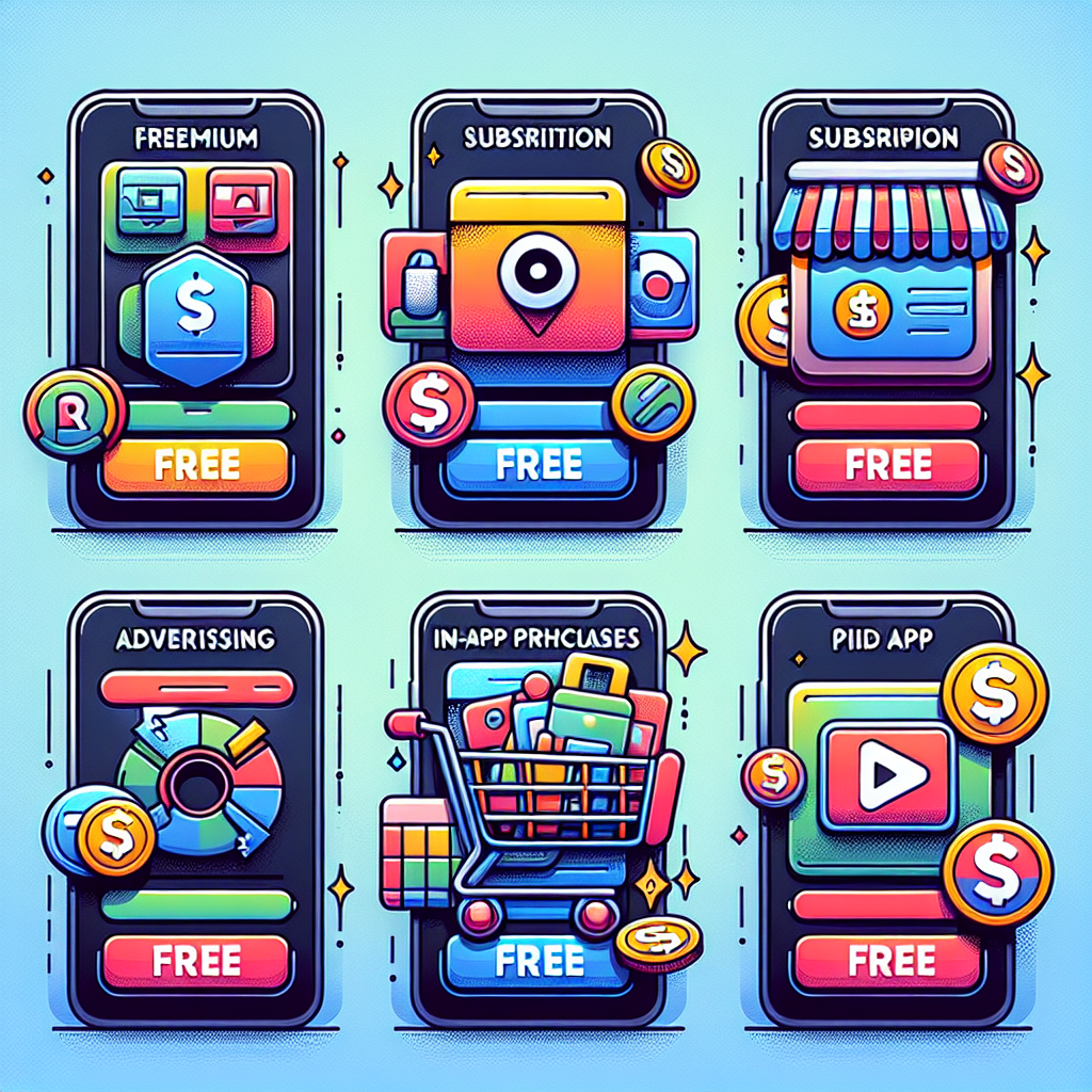 Various mobile app business model icons such as freemium, subscription, in-app purchases, advertising, and paid app model.