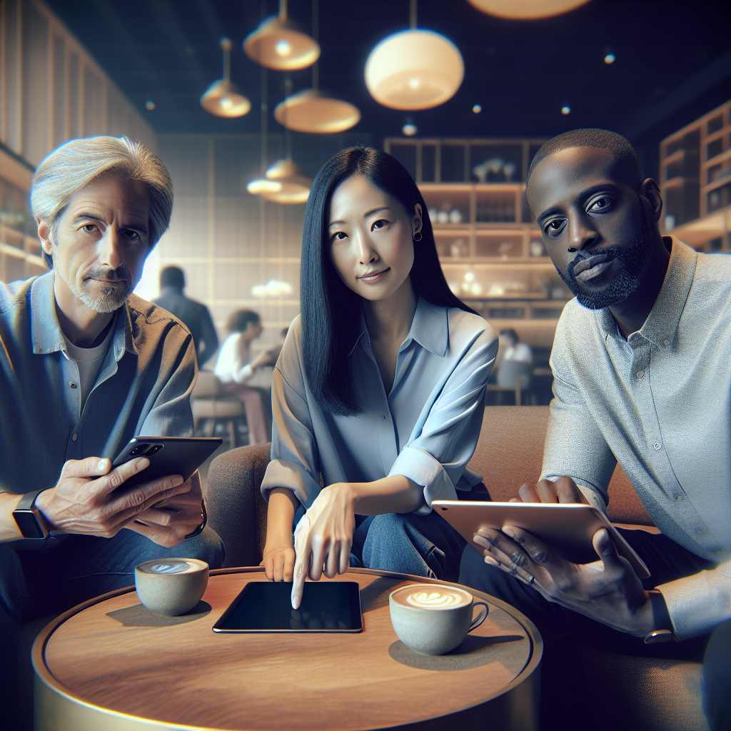 A diverse group of people interacting with mobile devices in a cozy café.