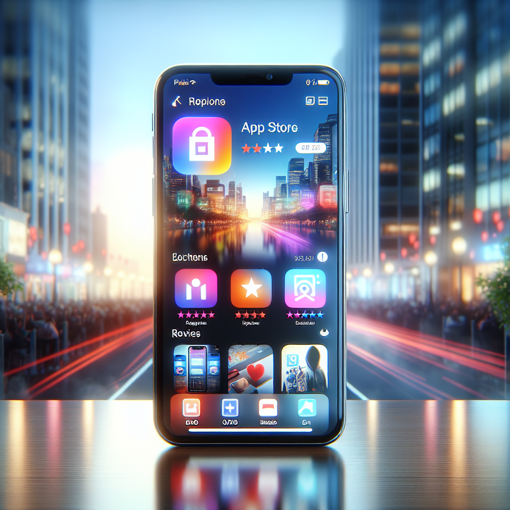 A smartphone displaying a mobile app store interface with app icons and a blurred cityscape background.