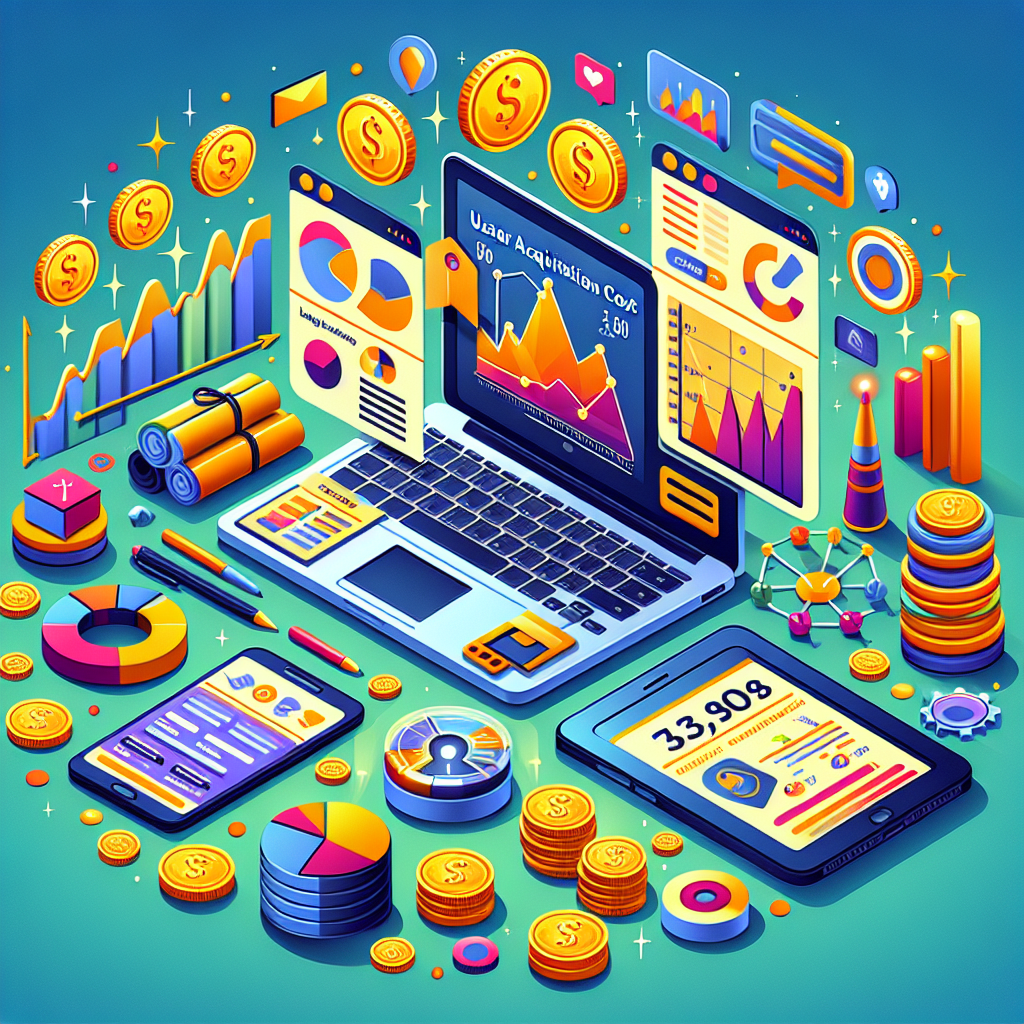 A digital workspace representing user acquisition cost for mobile apps with a laptop, graphs, a smartphone, and coins.