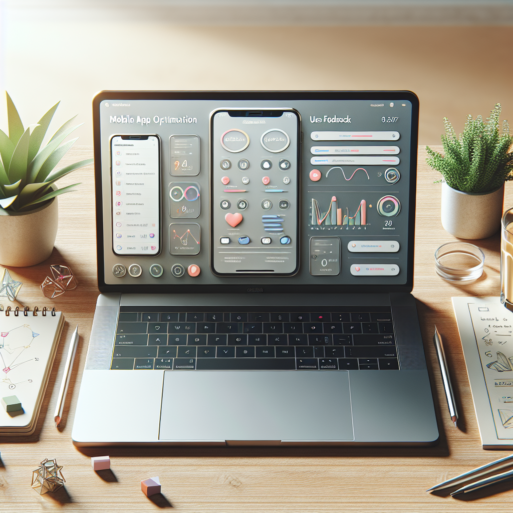 A modern laptop displaying an optimized mobile app interface surrounded by a minimalist workspace.