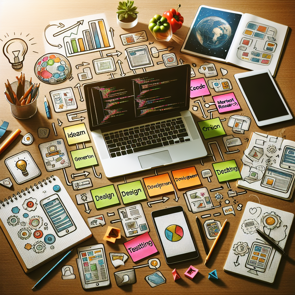 A workspace illustrating the essentials of app development with a laptop, sticky notes, and various development tools.