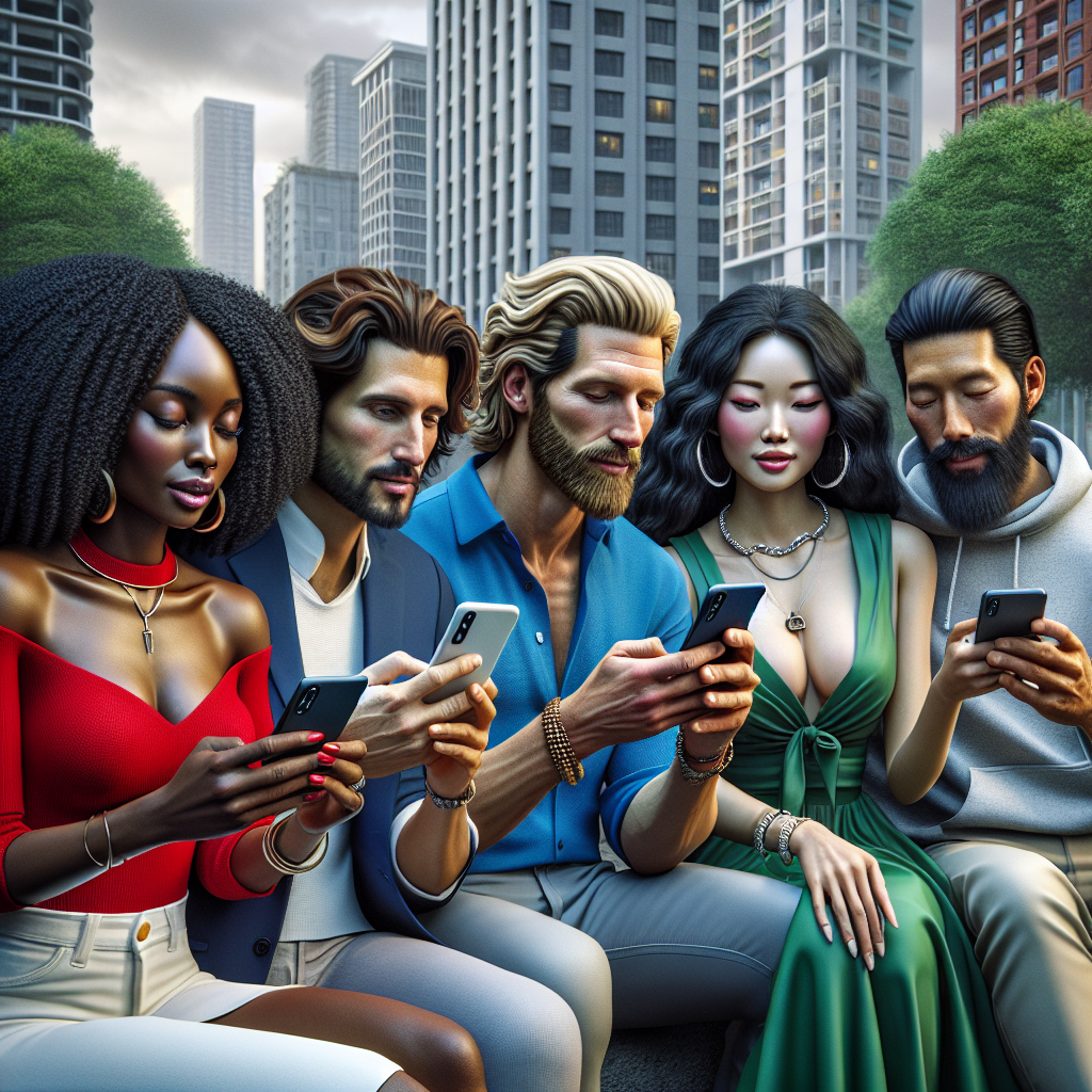 A diverse group using mobile applications in an urban setting.