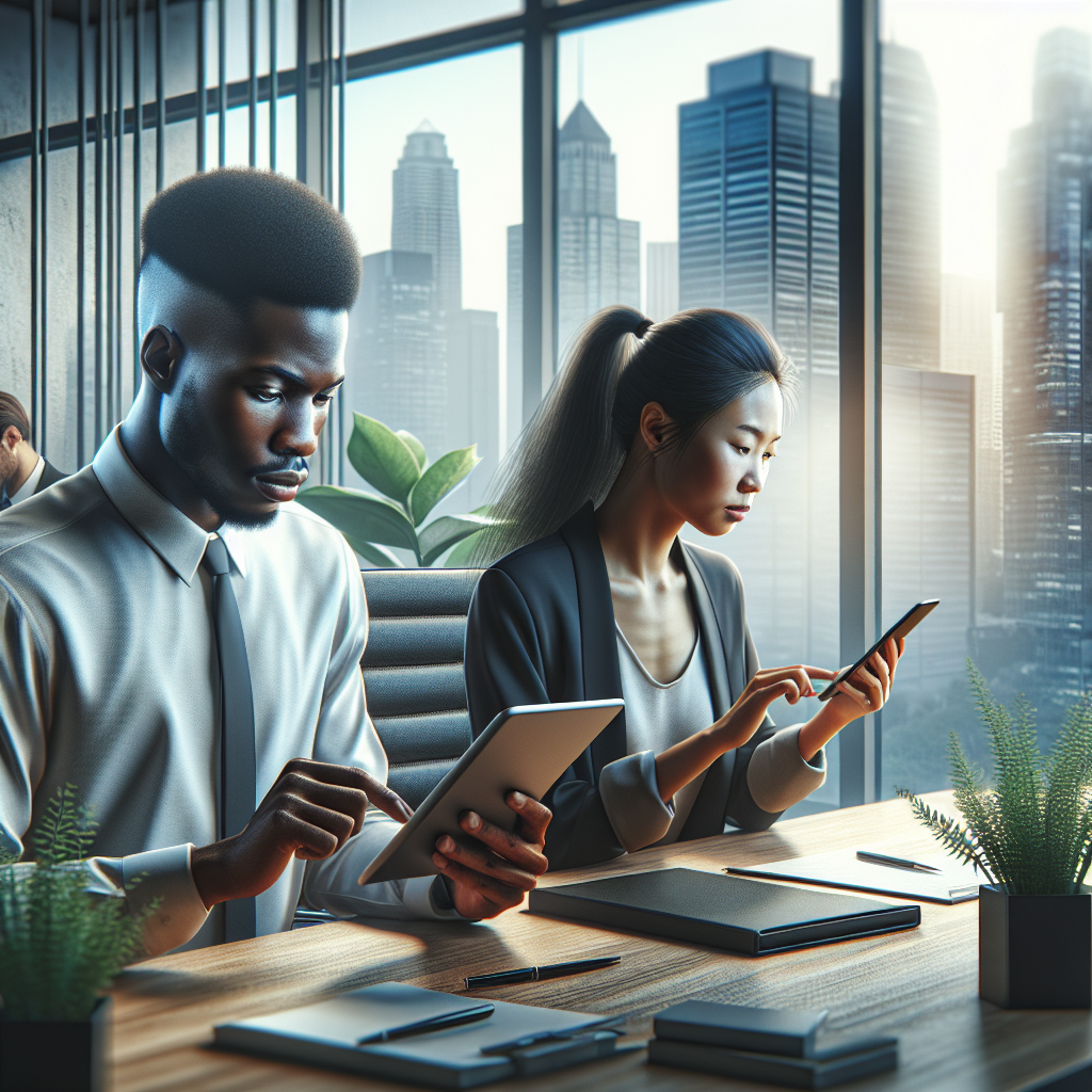 A diverse group of employees working on mobile devices in a modern office.