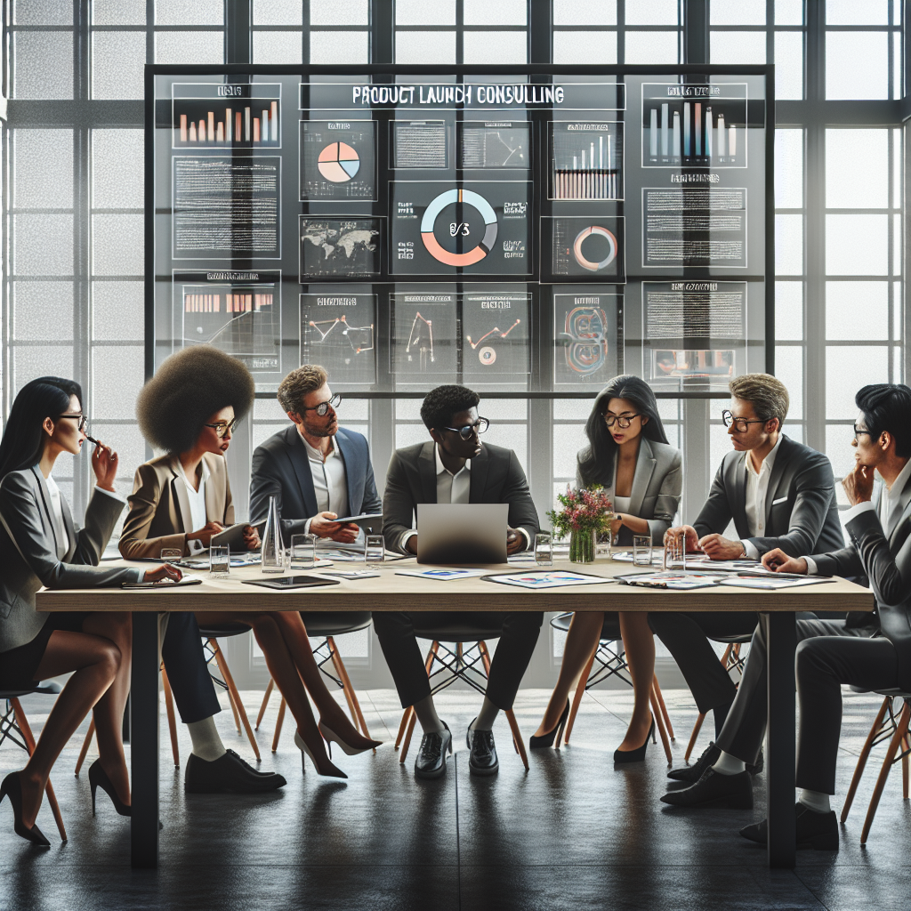 Business professionals discussing a product launch consulting framework around a table.