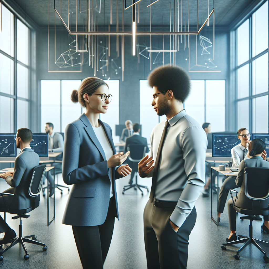 A diverse group of professionals engaged in discussions in a modern consulting office.