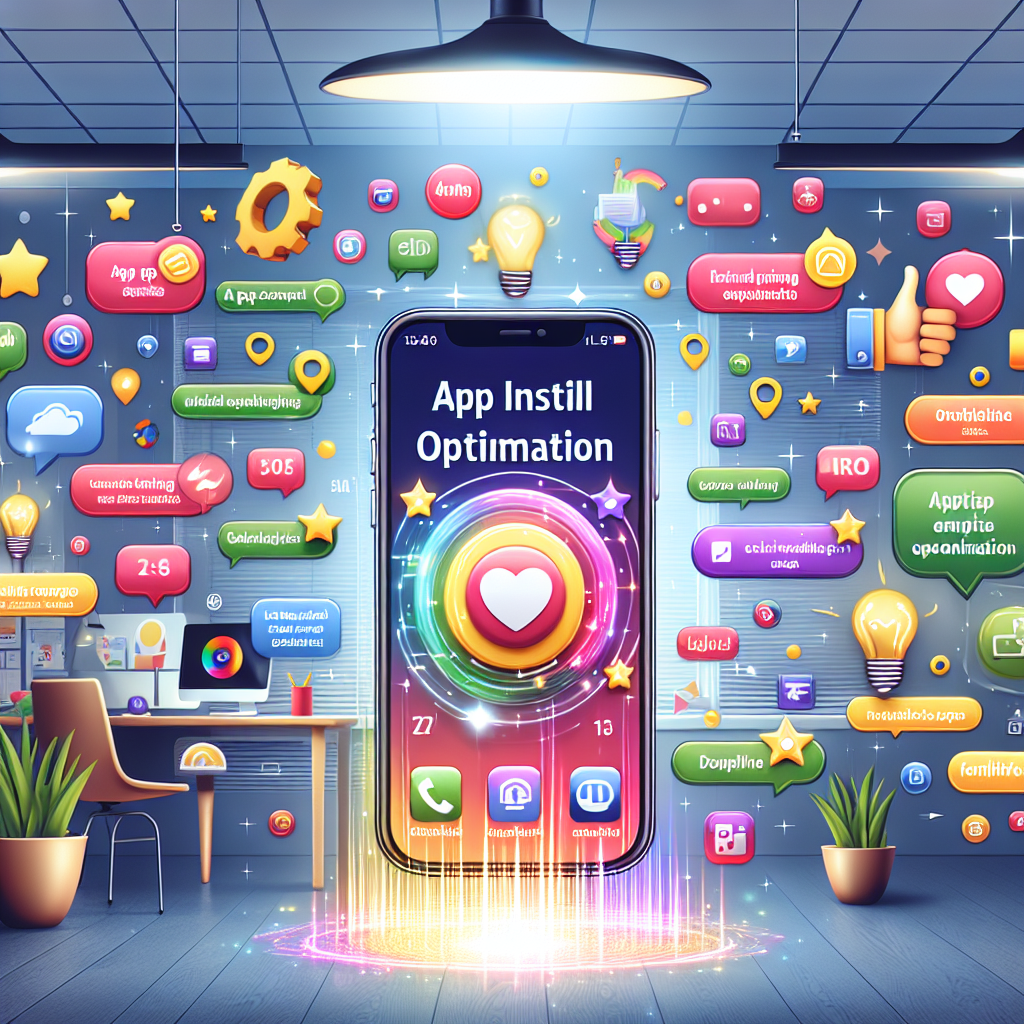 An illustration showcasing app install optimisation with a mobile phone displaying an app store interface and various app icons.