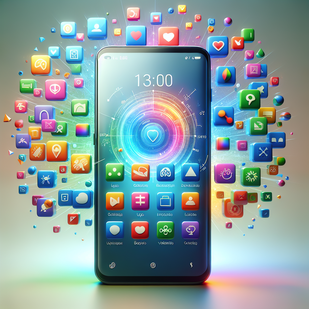 A smartphone surrounded by colorful icons representing various mobile apps and concepts related to app install optimization.